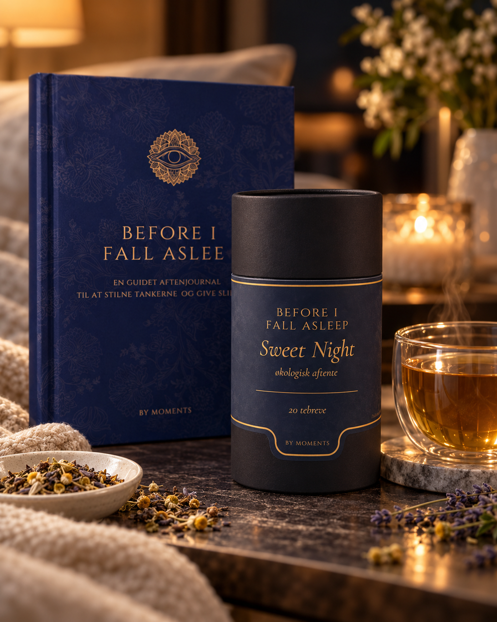 Before I Fall Asleep journal og Sweet Night urtete fra By Moments i varme aftenomgivelser