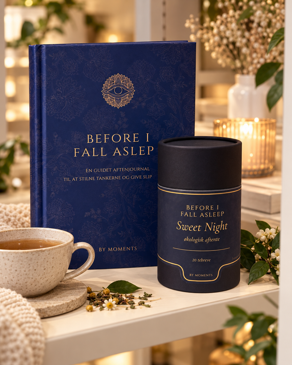 Before I Fall Asleep journal og Sweet Night urtete fra By Moments ved en kop te
