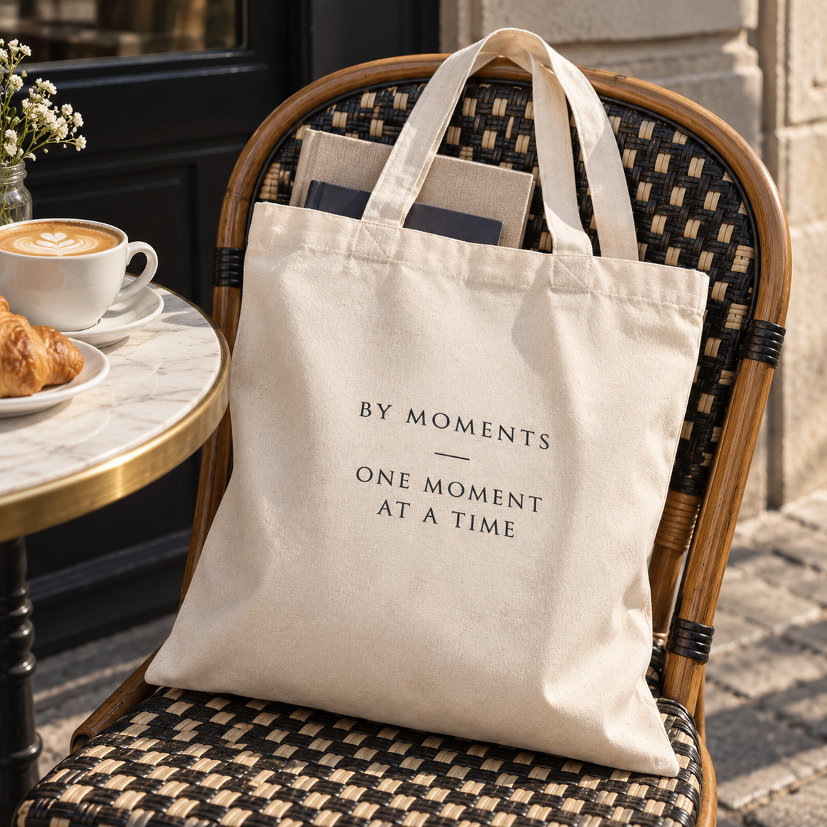 By Moments Tote Bag placeret på en stol i caféomgivelser